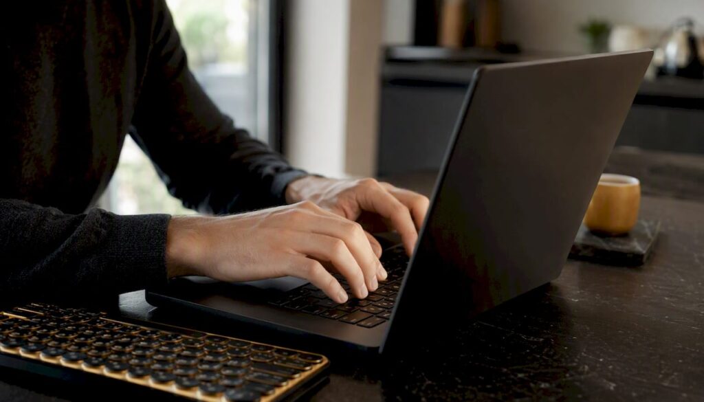Jemand programmiert auf seinem Laptop eine Software für Cookie-Einwilligungen.